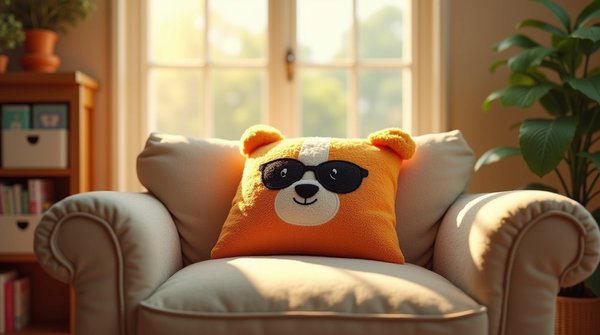 Créer une ambiance ludique avec un coussin personnage aux lunettes de soleil brodées